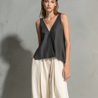 Women's Casual Grey Cotton-Linen V-Neck Sleeveless Top And Off-White Cotton-Linen Trousers Set MDZ0772E9LXY