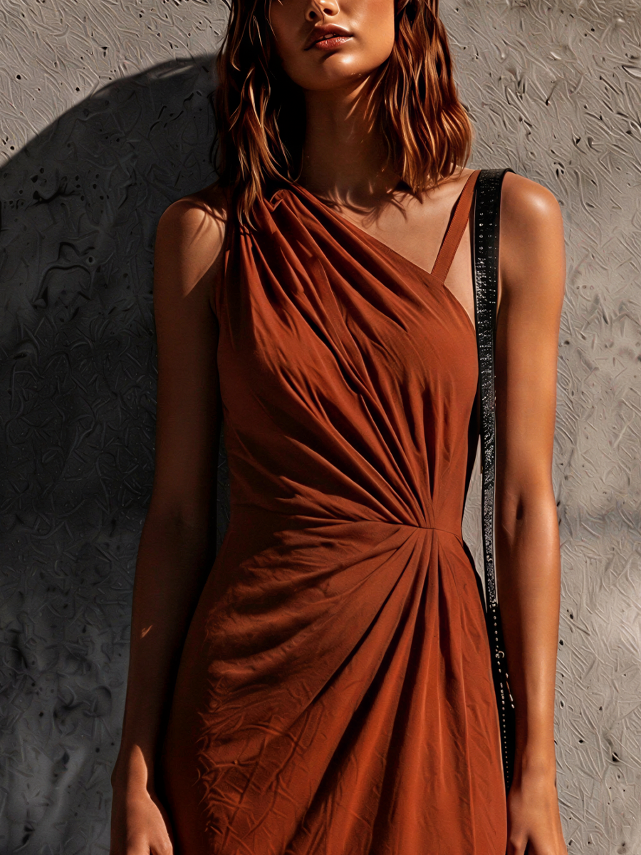 Women's Mature And Sophisticated Caramel-Colored Knit Cotton Blend Off-Shoulder Twist Waist Maxi Dress MDZ0737E1GMJ