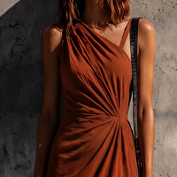 Women's Mature And Sophisticated Caramel-Colored Knit Cotton Blend Off-Shoulder Twist Waist Maxi Dress MDZ0737E1GMJ