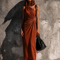 Women's Mature And Sophisticated Caramel-Colored Knit Cotton Blend Off-Shoulder Twist Waist Maxi Dress MDZ0737E1GMJ