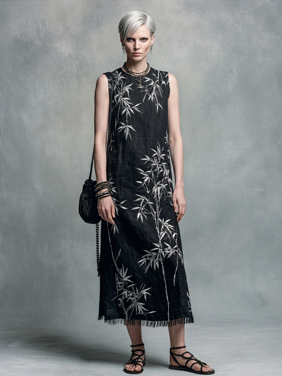 Women's New Chinese Style Black Cotton Blend Bamboo Print Tassel Sleeveless Long Dress MDZ0739E0GMJ
