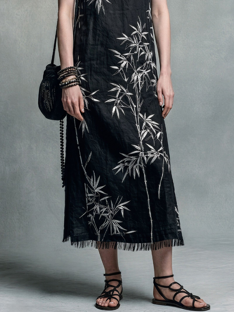 Women's New Chinese Style Black Cotton Blend Bamboo Print Tassel Sleeveless Long Dress MDZ0739E0GMJ