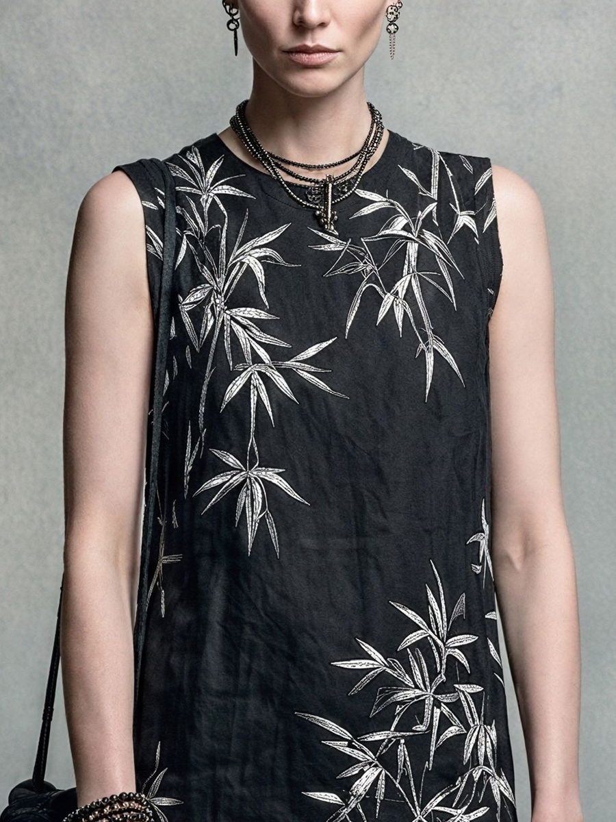 Women's New Chinese Style Black Cotton Blend Bamboo Print Tassel Sleeveless Long Dress MDZ0739E0GMJ