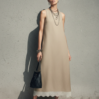 Women's Minimalist-Style Khaki Cotton-Linen Sleeveless Maxi Dress With Lace-Paneled Hem MDZ0787E3GMJ