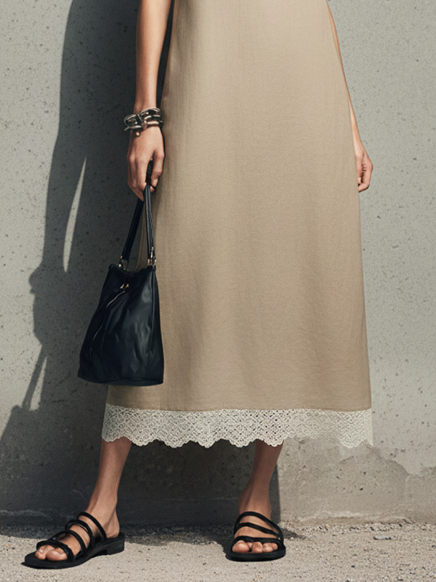 Women's Minimalist-Style Khaki Cotton-Linen Sleeveless Maxi Dress With Lace-Paneled Hem MDZ0787E3GMJ