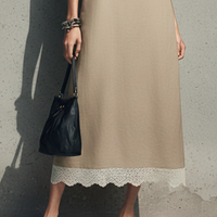 Women's Minimalist-Style Khaki Cotton-Linen Sleeveless Maxi Dress With Lace-Paneled Hem MDZ0787E3GMJ