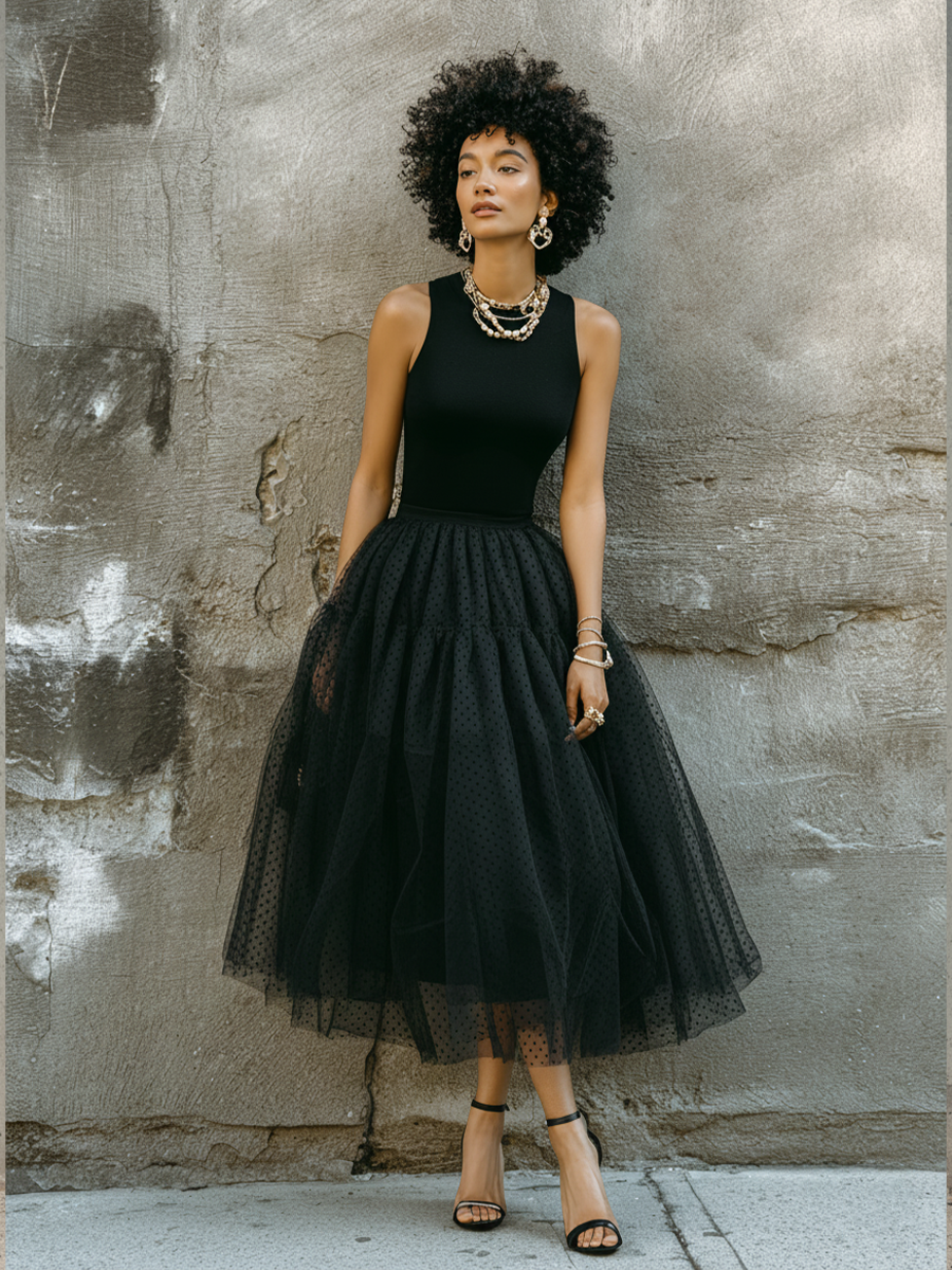 Women's Retro Black Knit Cotton Blend Polka Dot Tulle Spliced Sleeveless Midi Dress MDZ0797E8GMJ