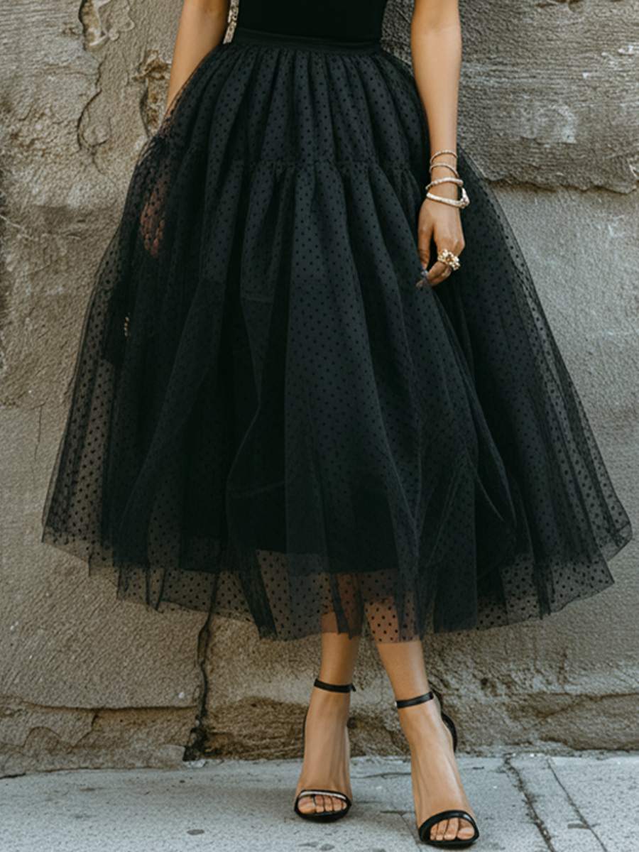 Women's Retro Black Knit Cotton Blend Polka Dot Tulle Spliced Sleeveless Midi Dress MDZ0797E8GMJ