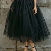 Women's Retro Black Knit Cotton Blend Polka Dot Tulle Spliced Sleeveless Midi Dress MDZ0797E8GMJ
