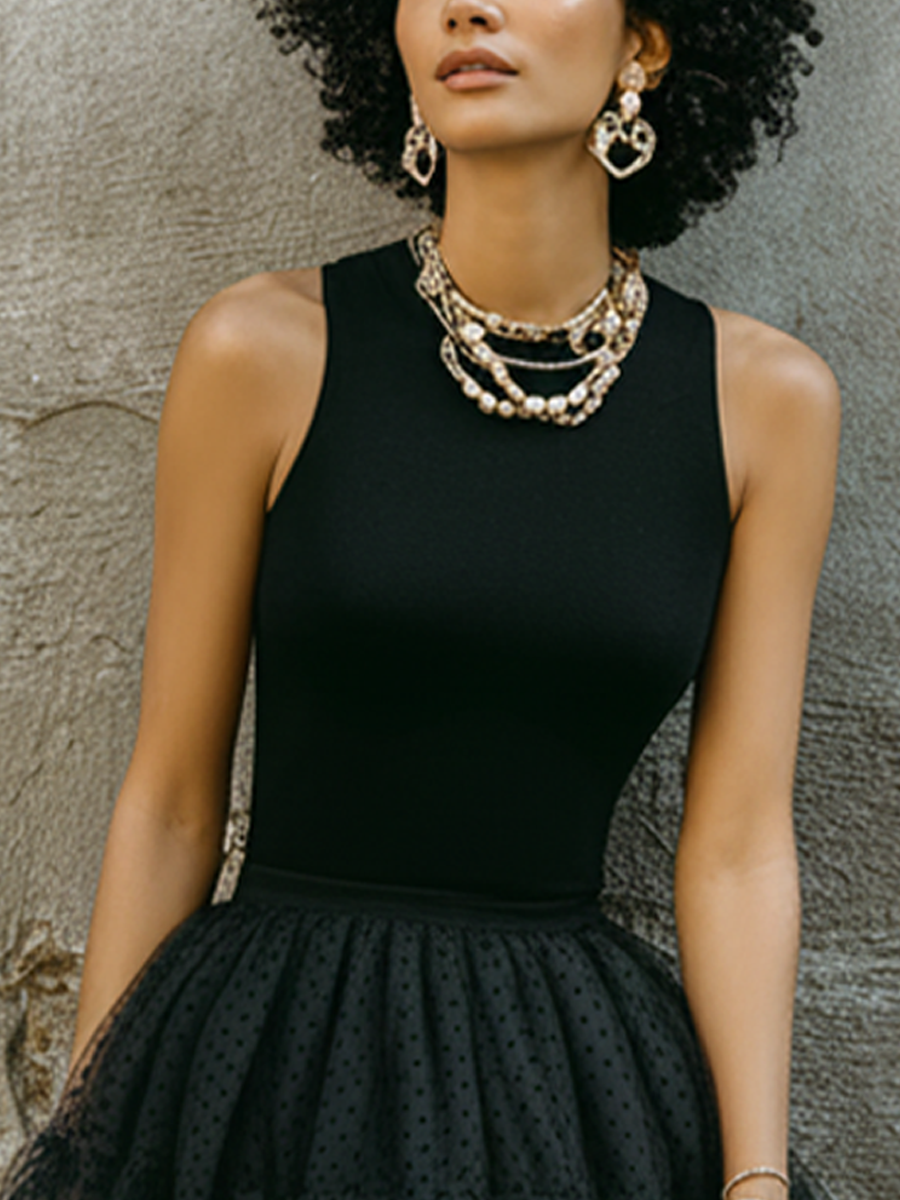 Women's Retro Black Knit Cotton Blend Polka Dot Tulle Spliced Sleeveless Midi Dress MDZ0797E8GMJ