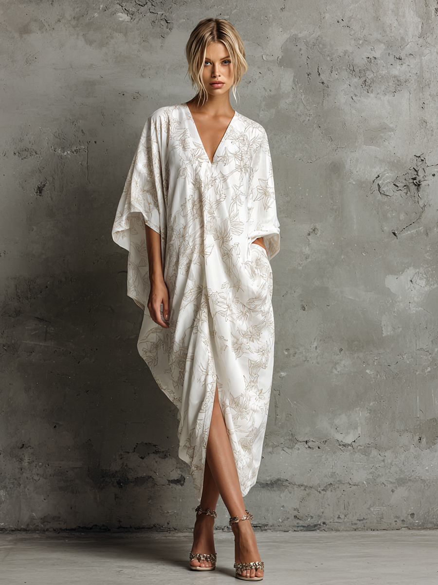 Women's Casual White Cotton Blend Floral Print V-Neck Loose Cocoon-Shaped Midi Dress MDZ0734E6GMJ