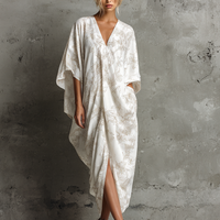 Women's Casual White Cotton Blend Floral Print V-Neck Loose Cocoon-Shaped Midi Dress MDZ0734E6GMJ