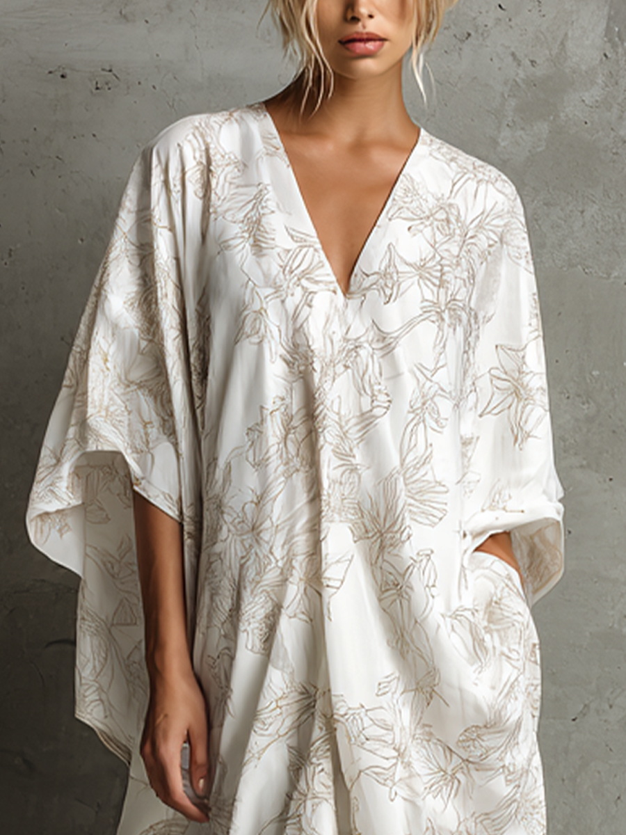 Women's Casual White Cotton Blend Floral Print V-Neck Loose Cocoon-Shaped Midi Dress MDZ0734E6GMJ