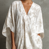 Women's Casual White Cotton Blend Floral Print V-Neck Loose Cocoon-Shaped Midi Dress MDZ0734E6GMJ