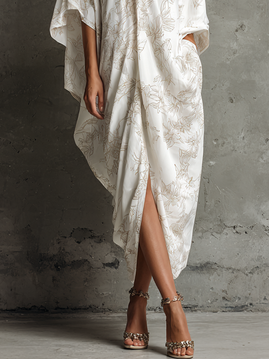 Women's Casual White Cotton Blend Floral Print V-Neck Loose Cocoon-Shaped Midi Dress MDZ0734E6GMJ