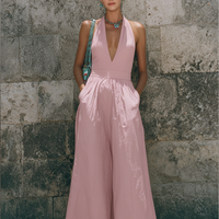 Women's Vacation Style Pink Linen-Cotton Blend Deep V Halter Waist-Tailored Wide-Leg Maxi Jumpsuit MDZ0703E5GMJ