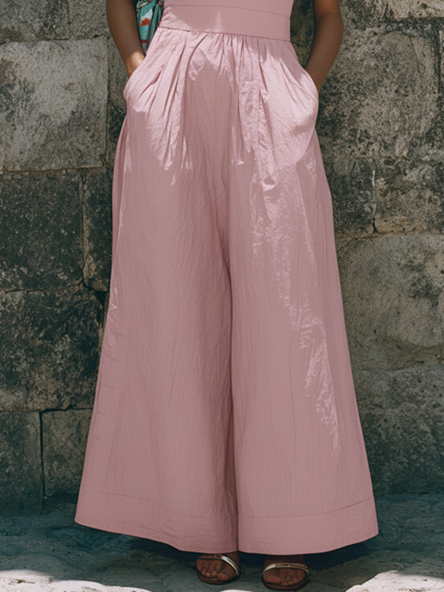 Women's Vacation Style Pink Linen-Cotton Blend Deep V Halter Waist-Tailored Wide-Leg Maxi Jumpsuit MDZ0703E5GMJ