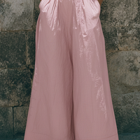 Women's Vacation Style Pink Linen-Cotton Blend Deep V Halter Waist-Tailored Wide-Leg Maxi Jumpsuit MDZ0703E5GMJ