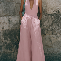 Women's Vacation Style Pink Linen-Cotton Blend Deep V Halter Waist-Tailored Wide-Leg Maxi Jumpsuit MDZ0703E5GMJ