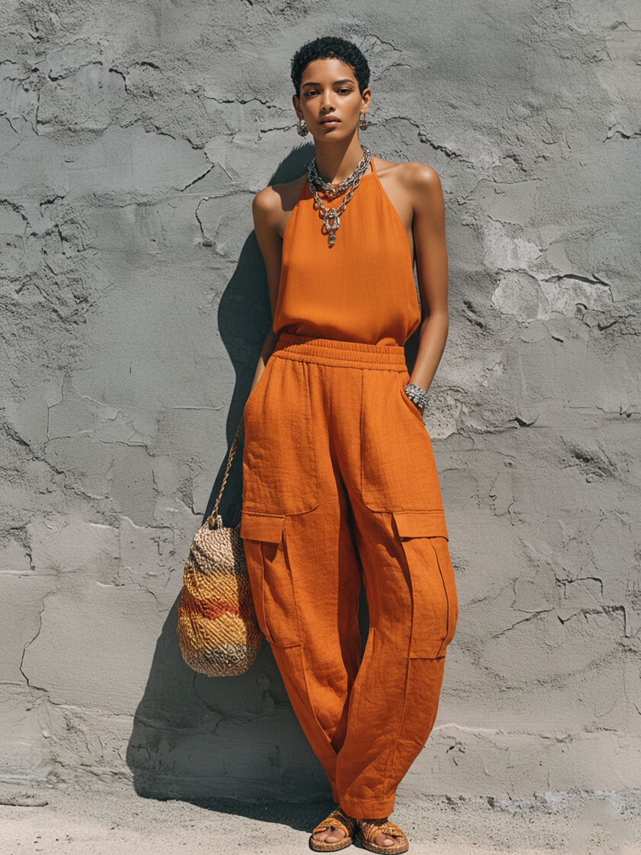 Women's Streetwear Orange Linen-Cotton Blend Halter Sleeveless Top And Elastic Waist Cargo Pants Set MDZ0731E8GMJ