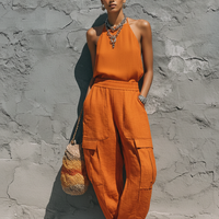 Women's Streetwear Orange Linen-Cotton Blend Halter Sleeveless Top And Elastic Waist Cargo Pants Set MDZ0731E8GMJ
