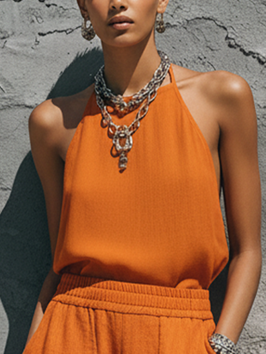Women's Streetwear Orange Linen-Cotton Blend Halter Sleeveless Top And Elastic Waist Cargo Pants Set MDZ0731E8GMJ