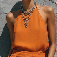 Women's Streetwear Orange Linen-Cotton Blend Halter Sleeveless Top And Elastic Waist Cargo Pants Set MDZ0731E8GMJ