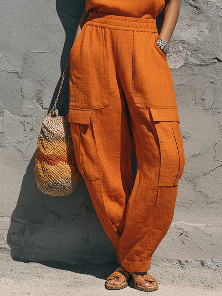 Women's Streetwear Orange Linen-Cotton Blend Halter Sleeveless Top And Elastic Waist Cargo Pants Set MDZ0731E8GMJ