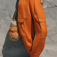 Women's Streetwear Orange Linen-Cotton Blend Halter Sleeveless Top And Elastic Waist Cargo Pants Set MDZ0731E8GMJ