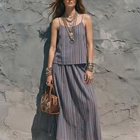 Women's Retro Style Blue Red And White Cotton Blend Striped Spaghetti Strap Camisole And A Line Midi Skirt Set MDZ0764E8GMJ