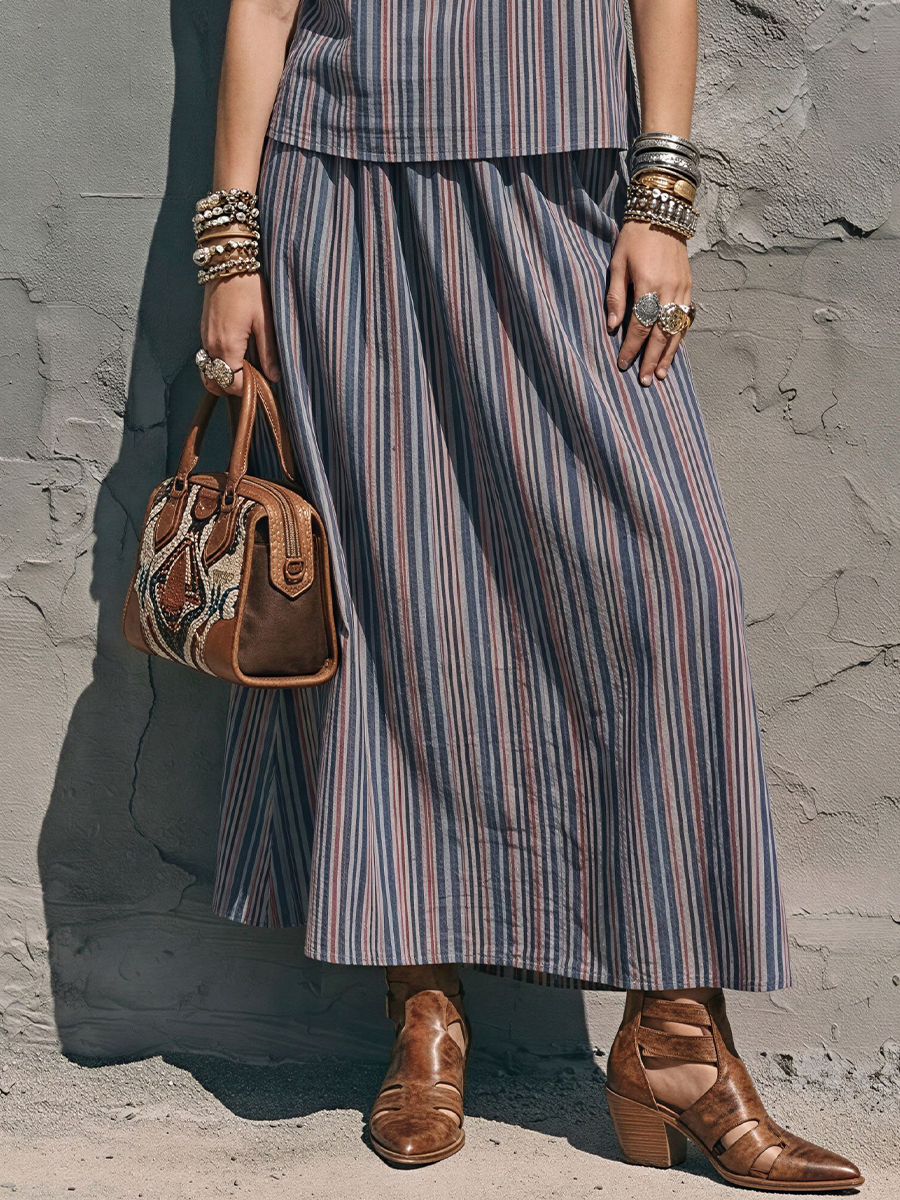 Women's Retro Style Blue Red And White Cotton Blend Striped Spaghetti Strap Camisole And A Line Midi Skirt Set MDZ0764E8GMJ