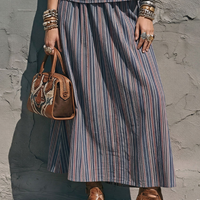 Women's Retro Style Blue Red And White Cotton Blend Striped Spaghetti Strap Camisole And A Line Midi Skirt Set MDZ0764E8GMJ