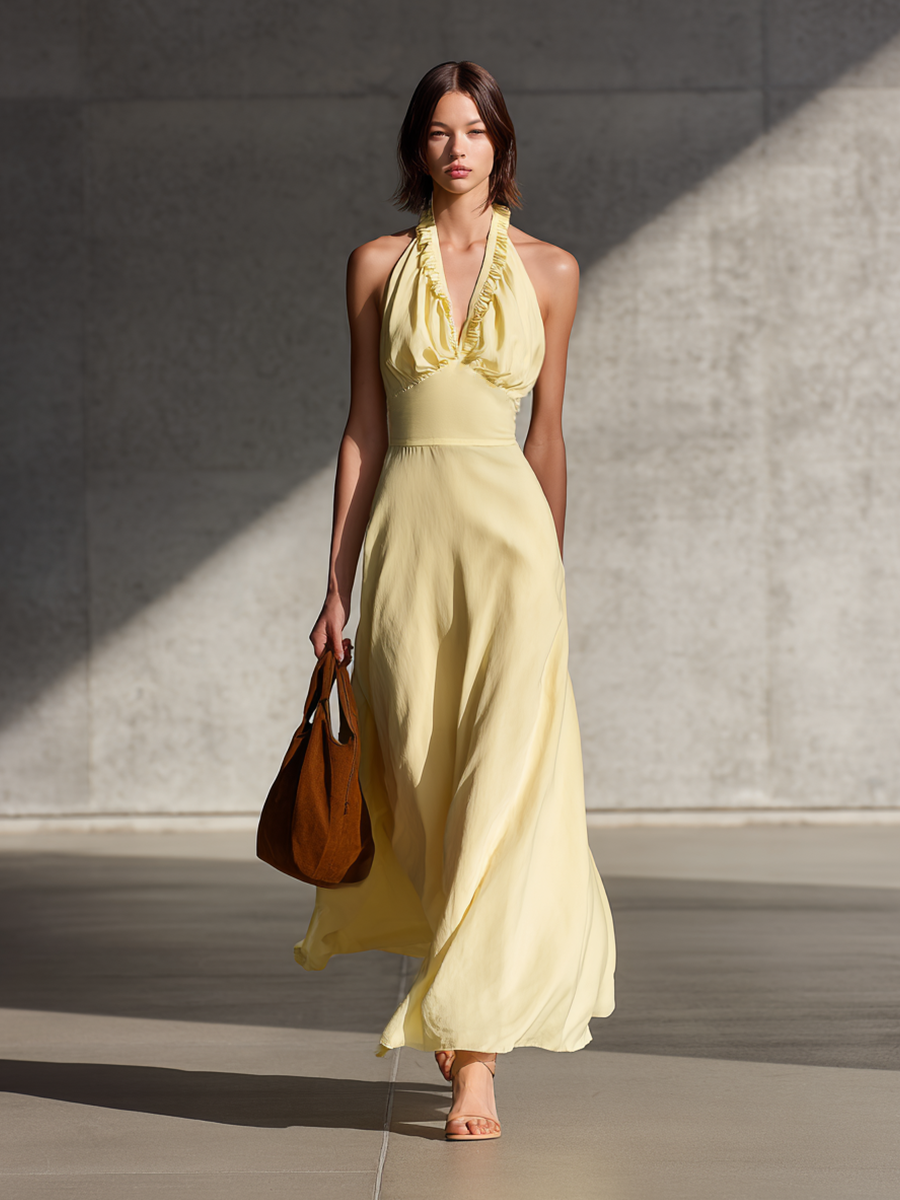 Women's Simple Ruffled Backless Flowy Maxi Dress MDZ0823E0ZRK