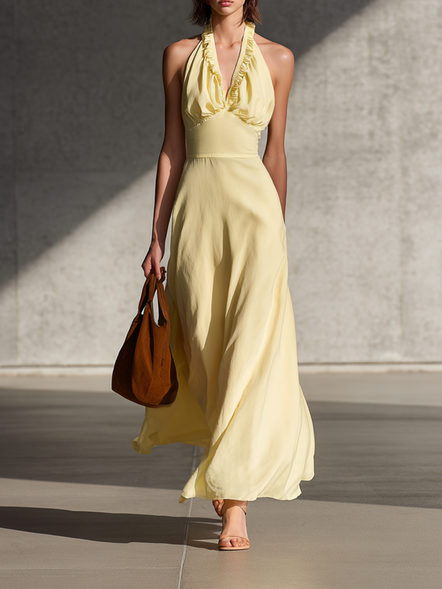 Women's Simple Ruffled Backless Flowy Maxi Dress MDZ0823E0ZRK