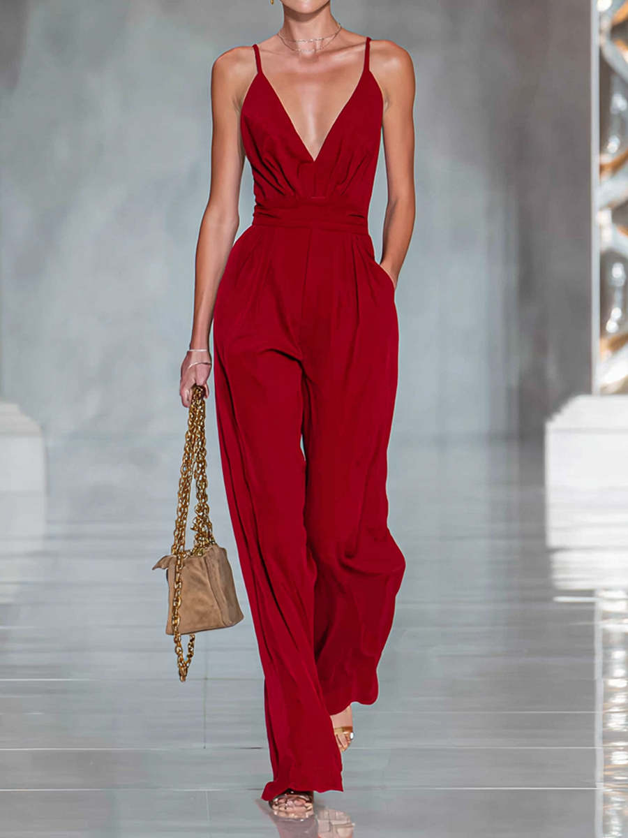 Women's Minimalist Deep V-Neck Sleeveless Wide-Leg Jumpsuit MDZ0803E0ZRK