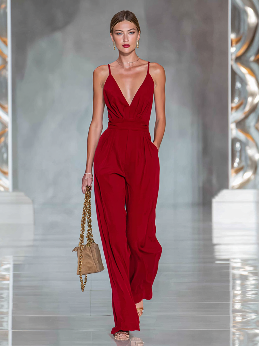 Women's Minimalist Deep V-Neck Sleeveless Wide-Leg Jumpsuit MDZ0803E0ZRK