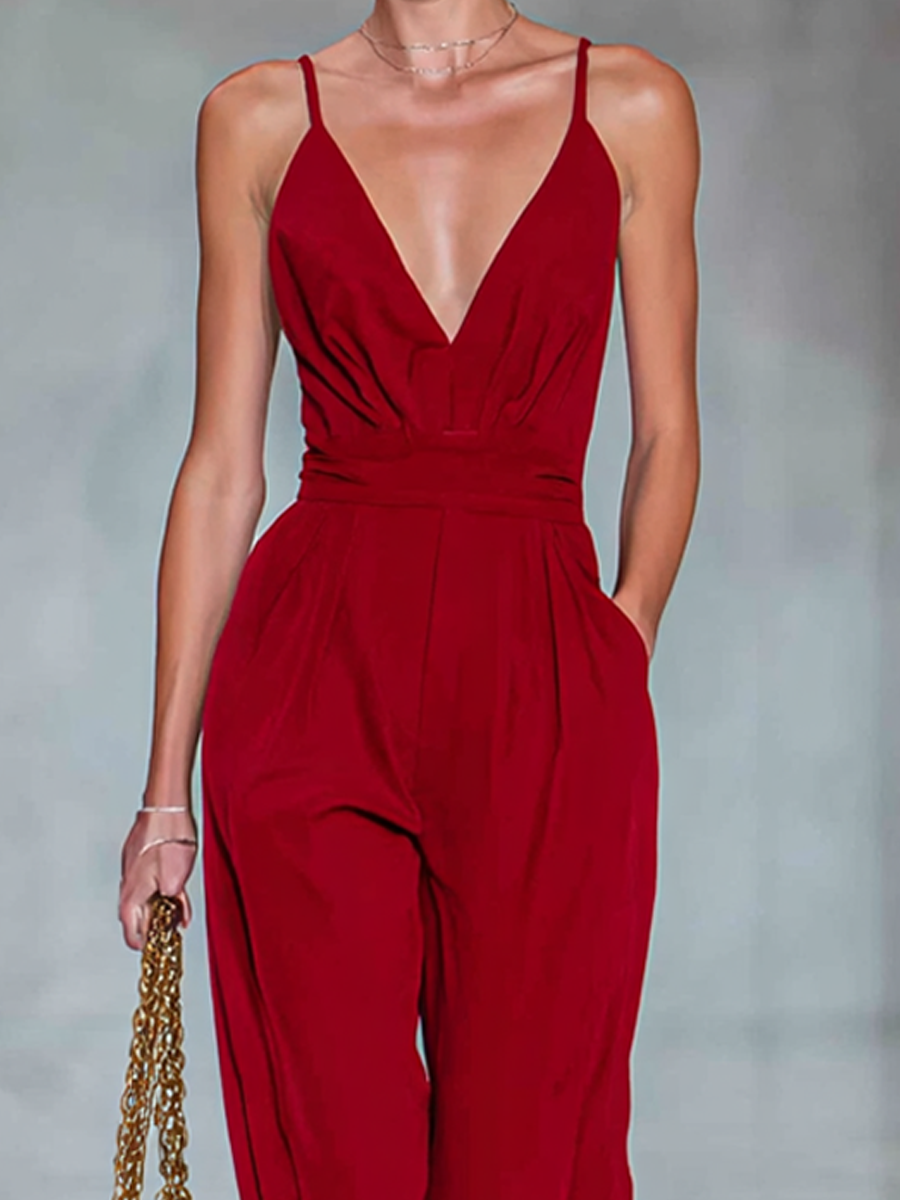Women's Minimalist Deep V-Neck Sleeveless Wide-Leg Jumpsuit MDZ0803E0ZRK