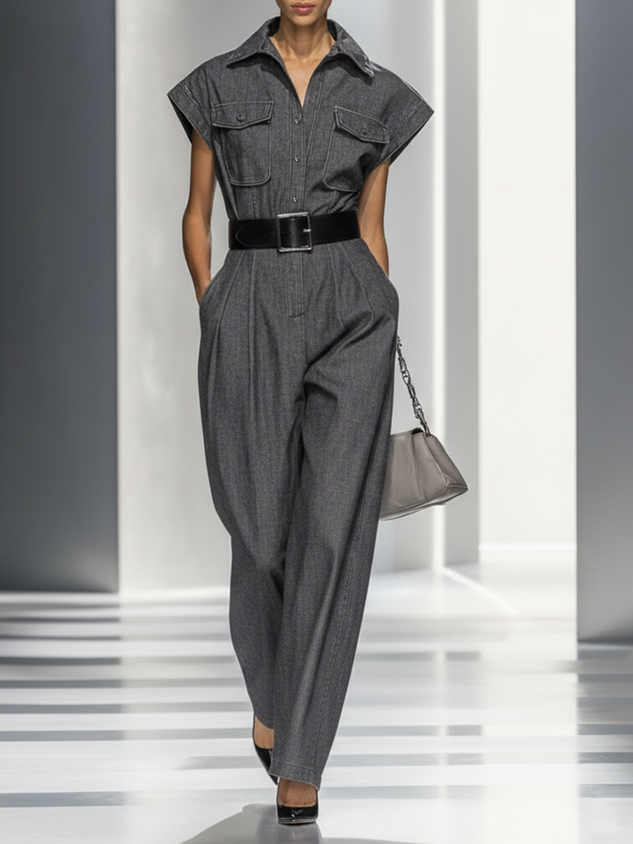 Women's Slim-Fit Utility-Style Short-Sleeve Wide-Leg Jumpsuit (Belt Not Included) MDZ0857E2ZRK