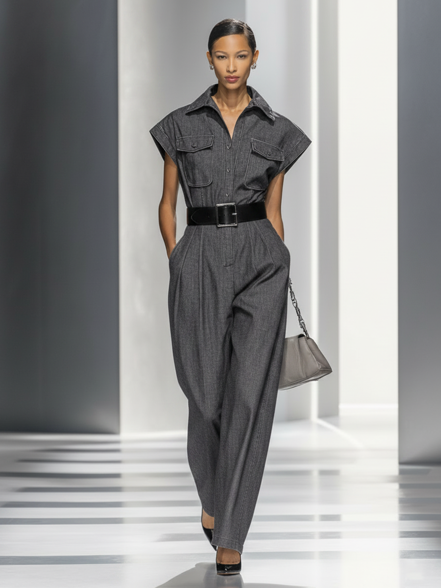 Women's Slim-Fit Utility-Style Short-Sleeve Wide-Leg Jumpsuit (Belt Not Included) MDZ0857E2ZRK