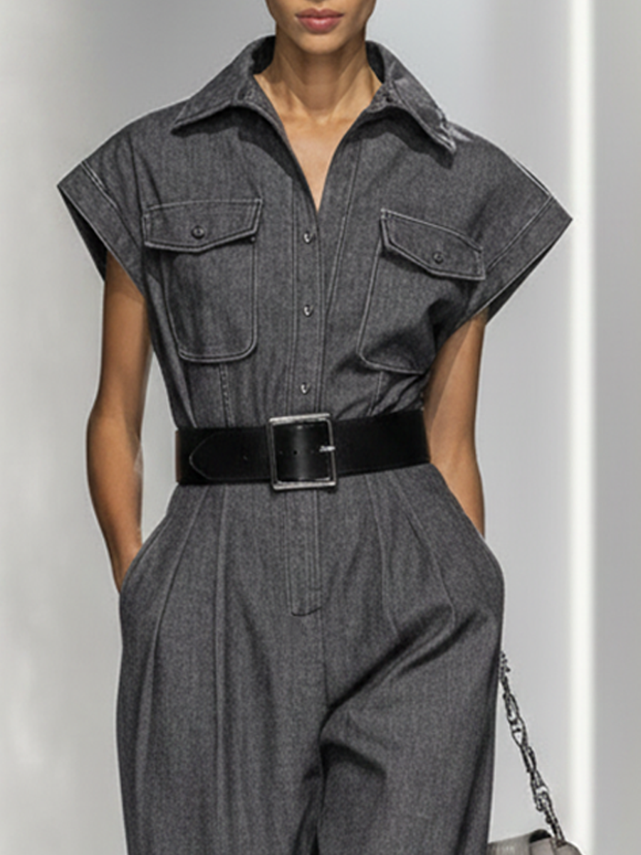 Women's Slim-Fit Utility-Style Short-Sleeve Wide-Leg Jumpsuit (Belt Not Included) MDZ0857E2ZRK
