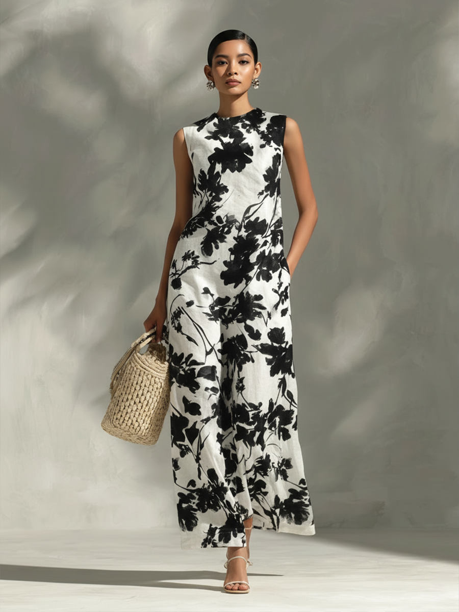 Women's Simple Printed Sleeveless Maxi DressMDZ0881E4ZRK