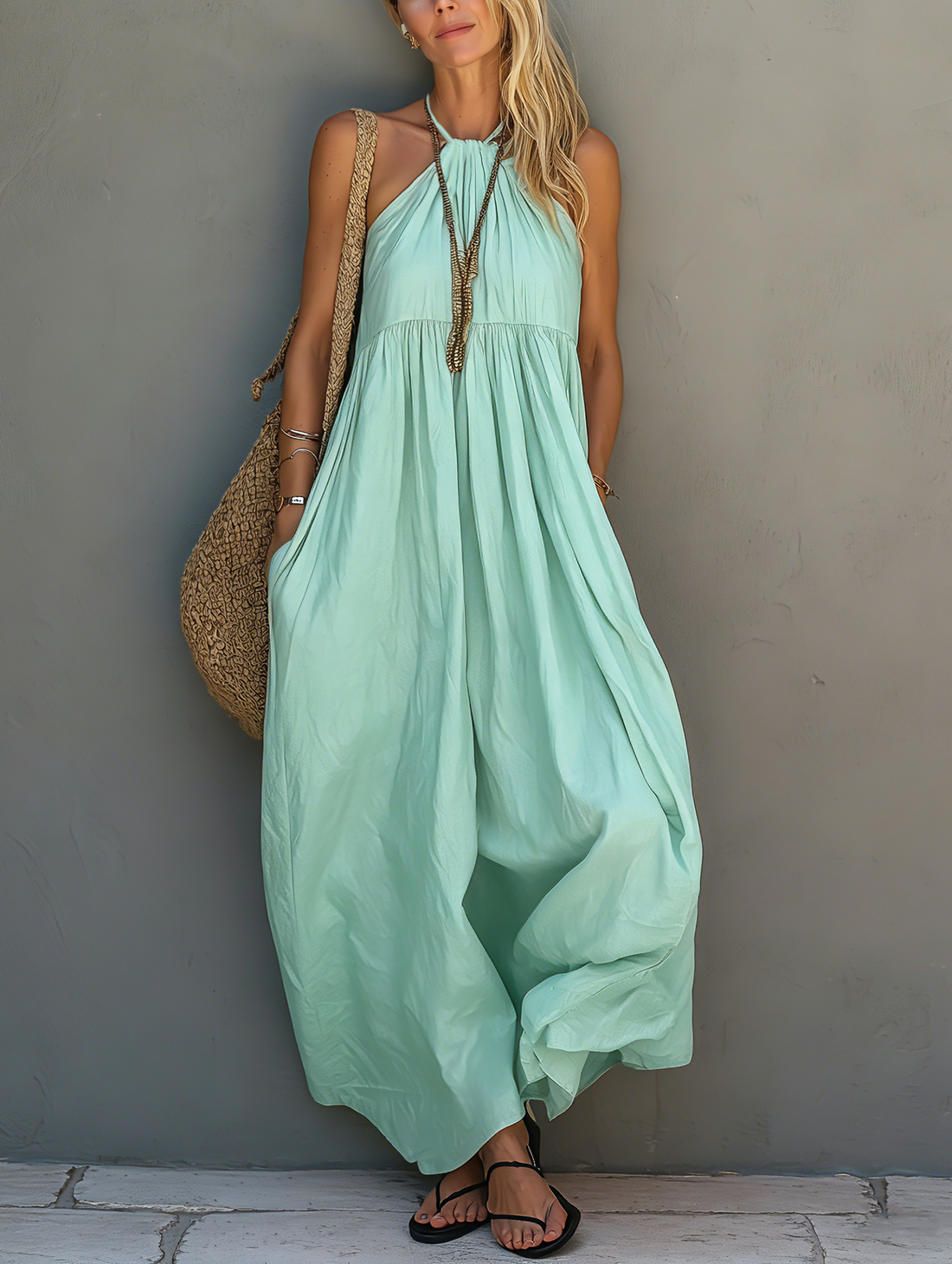 Women's Casual Woven Halter-Neck Sleeveless Jumpsuit In Mint Green MDZ0802E5LXY