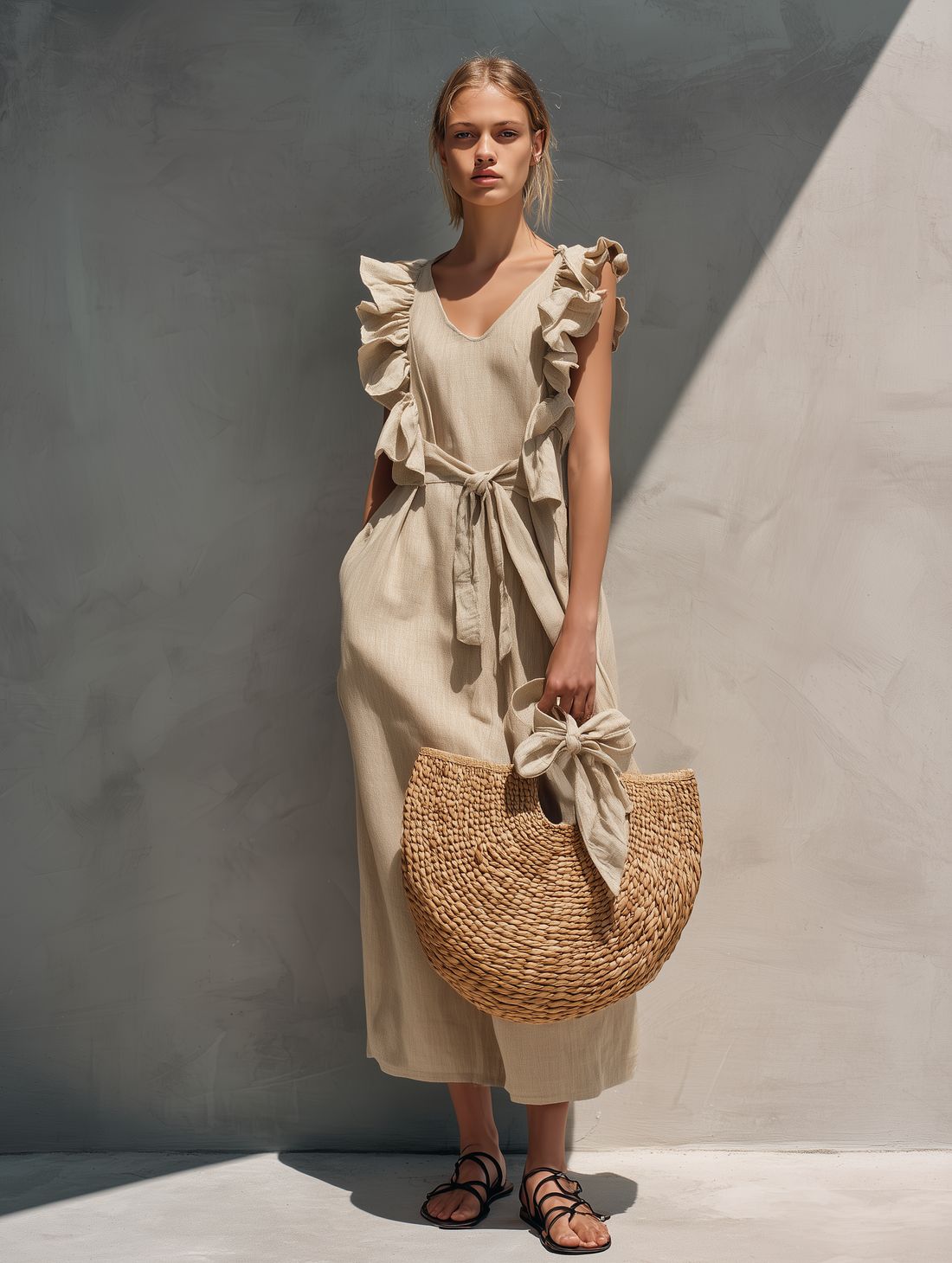 Women's Casual Khaki Cotton-Linen Maxi Dress — Crew Neck, Sleeveless, Ruffled Cuffs MDZ0839E8LXY