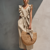 Women's Casual Khaki Cotton-Linen Maxi Dress — Crew Neck, Sleeveless, Ruffled Cuffs MDZ0839E8LXY