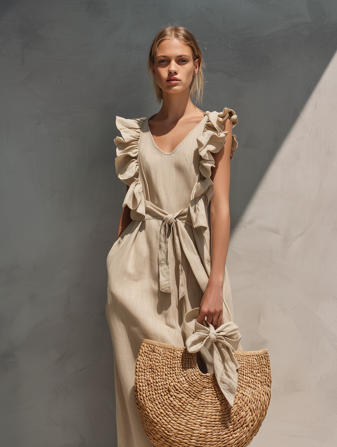 Women's Casual Khaki Cotton-Linen Maxi Dress — Crew Neck, Sleeveless, Ruffled Cuffs MDZ0839E8LXY