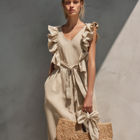 Women's Casual Khaki Cotton-Linen Maxi Dress — Crew Neck, Sleeveless, Ruffled Cuffs MDZ0839E8LXY