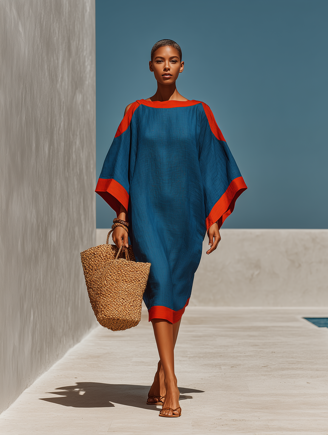 Women’s Blue Linen-Blend Cold-Shoulder Midi Dress With Red Contrast Trim MDZ0856E9T