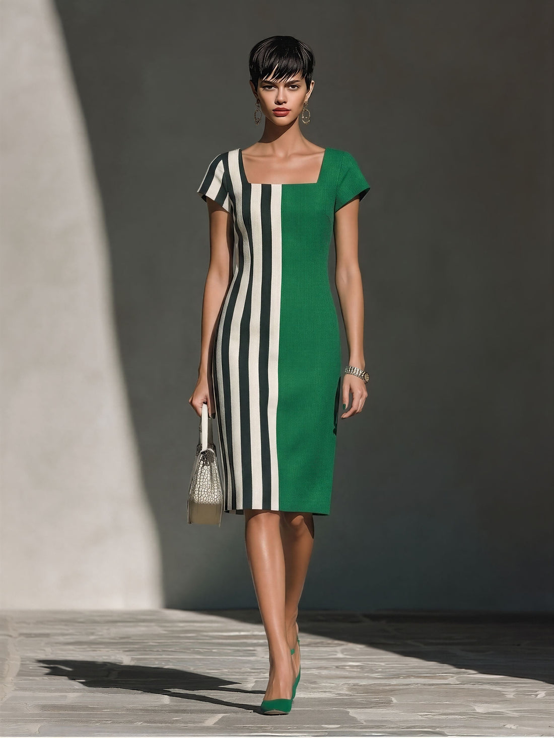 Women’s Green & Striped Color-Block Sheath Dress With Square Neck & Short Sleeves MDZ0835E5T