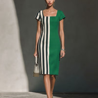 Women’s Green & Striped Color-Block Sheath Dress With Square Neck & Short Sleeves MDZ0835E5T