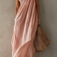 Women's Elegant Pink Cotton-Linen One-Shoulder Sleeveless Maxi Dress MDZ0829E1LXY